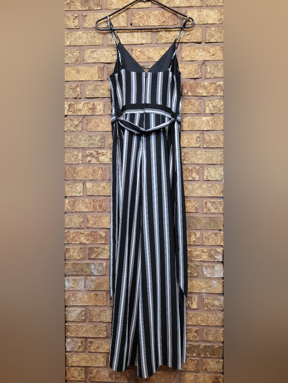 I.N. San Francisco Black and White Vertical-Stripe Slit Jumpsuit Size 7 Stretch - Picture 4 of 13